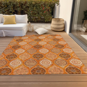 5' X 8' Orange Ivory And Gray Floral Medallion Washable Indoor Outdoor Area Rug
