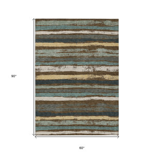 5' X 8' Brown Beige And Green Striped Washable Indoor Outdoor Area Rug