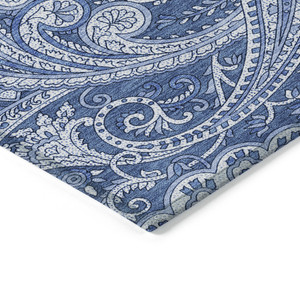 3' X 5' Navy Blue And Denim Blue Paisley Washable Indoor Outdoor Area Rug