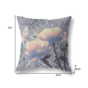 20" x 20" Gray Butterfly Blown Seam Floral Indoor Outdoor Throw Pillow - 606114751885