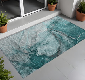 2' X 3' Teal Abstract Washable Non Skid Indoor Outdoor Area Rug - 608219364427