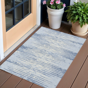 3' X 5' Sky Blue And Ivory Striped Washable Indoor Outdoor Area Rug