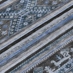 5' X 8' Blue Gray And Charcoal Tribal Washable Indoor Outdoor Area Rug