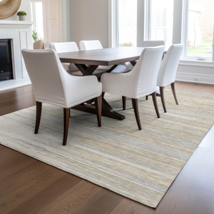 5' X 8' Linen Gray And Beige Striped Washable Indoor Outdoor Area Rug
