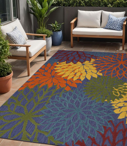 5' X 7' Blue Yellow and Green Indoor Outdoor Area Rug