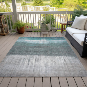 3' X 5' Teal Blue And Gray Abstract Washable Indoor Outdoor Area Rug - Teal Blue, Gray