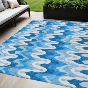 5' X 8' Sky Blue Denim Blue And Ivory Abstract Washable Indoor Outdoor Area Rug - Sky Blue, Denim Blue, Ivory