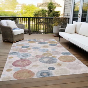3' X 5' Blush Blue And Taupe Geometric Washable Indoor Outdoor Area Rug