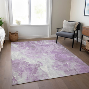 3' X 5' Lavender And Ivory Abstract Washable Indoor Outdoor Area Rug - Lavender, Ivory