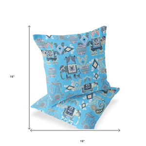 Set of Two 16" X 16" Blue and Gray Elephant Blown Seam Eclectic Indoor Outdoor Throw Pillow Polyester