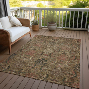 3' X 5' Brown Charcoal And Brick Red Damask Washable Indoor Outdoor Area Rug