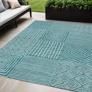 5' X 8' Teal Blue And Ivory Geometric Washable Indoor Outdoor Area Rug Transitional Style - Teal Blue, Ivory Color