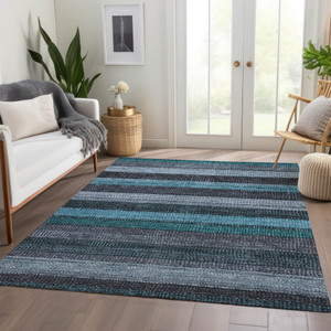 5' X 8' Teal Blue And Gray Striped Washable Indoor Outdoor Area Rug - Teal Blue, Gray