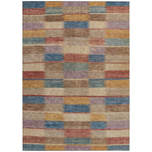 3' X 5' Beige Blue And Gold Striped Washable Indoor Outdoor Area Rug