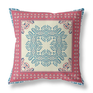 26" X 26" Cream And Blue Blown Seam Damask Indoor Outdoor Throw Pillow