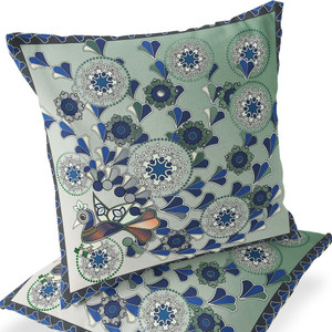 Set of Two 16" X 16" Green and Brown Peacock Blown Seam Floral Indoor Outdoor Throw Pillow - 606114836490