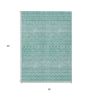 3' X 5' Aqua Teal Blue And Ivory Tribal Washable Indoor Outdoor Area Rug