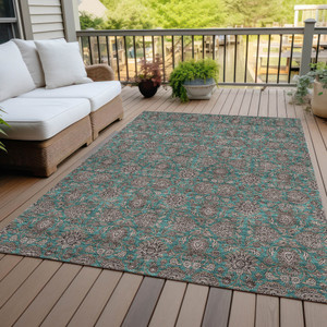 5' X 8' Teal Blue Beige And Taupe Floral Washable Indoor Outdoor Area Rug
