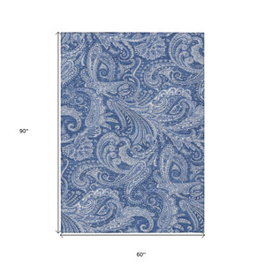 5' X 8' Navy Blue And Denim Blue Paisley Washable Indoor Outdoor Area Rug