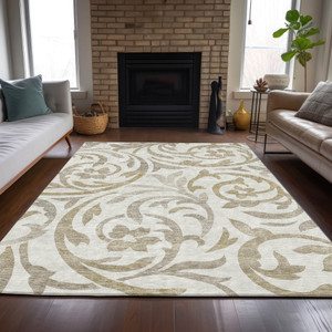 5' X 8' Ivory Beige And Taupe Floral Washable Indoor Outdoor Area Rug - Ivory, Beige, Taupe