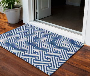 3' X 5' Blue And Ivory Geometric Washable Indoor Outdoor Area Rug - 608219128005