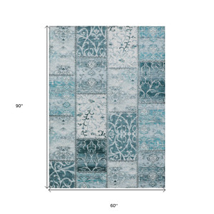 5' X 8' Teal Patchwork Washable Non Skid Indoor Outdoor Area Rug