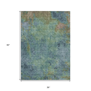3' X 5' Blue Abstract Washable Indoor Outdoor Area Rug Transitional Style - Blue Color