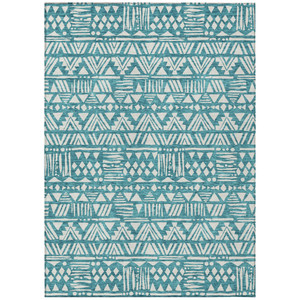 5' X 8' Teal Blue And Ivory Southwestern Washable Indoor Outdoor Area Rug
