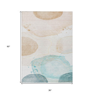 3' X 5' Beige and Blue Abstract Washable Non Skid Indoor Outdoor Area Rug - 608219251970