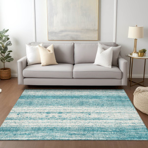 3' X 5' Teal Blue And Ivory Striped Washable Indoor Outdoor Area Rug Transitional Style - Teal Blue, Ivory Color