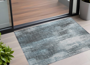 2' X 3' Teal Abstract Washable Non Skid Indoor Outdoor Area Rug - 608219260187