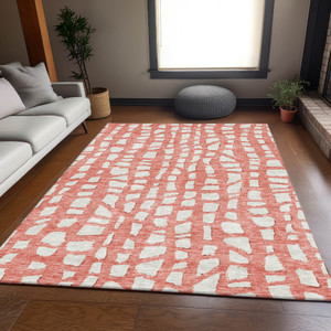 3' X 5' Salmon And Ivory Abstract Washable Indoor Outdoor Area Rug Transitional Style - Salmon, Ivory Color