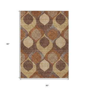 5' X 8' Copper Beige And Taupe Ogee Washable Indoor Outdoor Area Rug