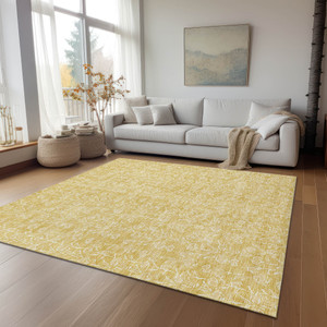 5' X 8' Gold And Ivory Floral Washable Indoor Outdoor Area Rug