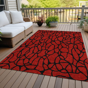 3' X 5' Red And Black Geometric Washable Indoor Outdoor Area Rug
