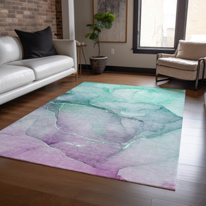 5' X 8' Green Abstract Washable Non Skid Indoor Outdoor Area Rug - 608219039592