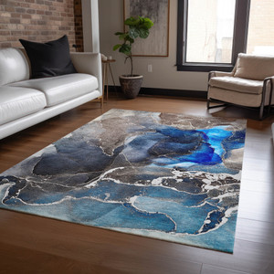 3' X 5' Blue Abstract Washable Non Skid Indoor Outdoor Area Rug - 608219206406