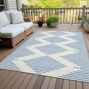 3' X 5' Ivory And Blue Geometric Washable Indoor Outdoor Area Rug