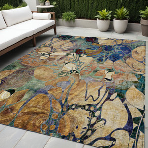 5' X 8' Beige and Blue Abstract Washable Indoor Outdoor Area Rug - Beige, Blue
