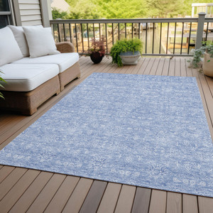 3' X 5' Sky Blue And Ivory Floral Washable Indoor Outdoor Area Rug