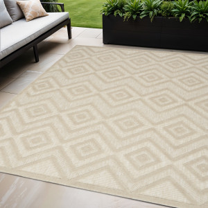 5' X 7' Cream And Beige Geometric Indoor Outdoor Area Rug