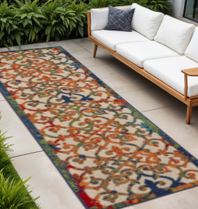10' Ivory Blue Orange And Green Trellis Indoor Outdoor Runner Rug