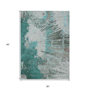 3' X 5' Dark Green Aqua And Gray Abstract Washable Indoor Outdoor Area Rug