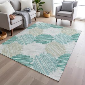 5' X 8' Teal Blue Ivory And Taupe Geometric Washable Indoor Outdoor Area Rug