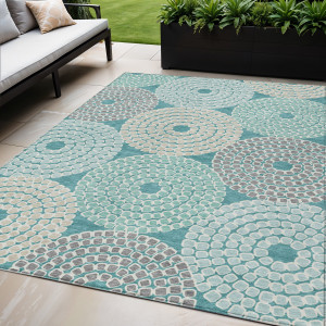 5' X 8' Teal Blue Beige And Gray Geometric Washable Indoor Outdoor Area Rug