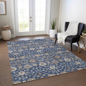 5' X 8' Navy Blue Brown And Beige Floral Washable Indoor Outdoor Area Rug