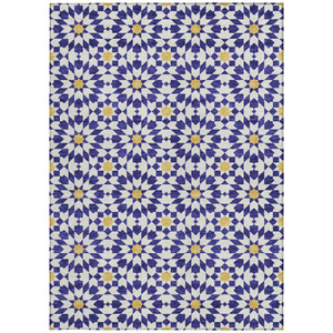 5' X 8' Navy Blue And Ivory Floral Medallion Washable Indoor Outdoor Area Rug