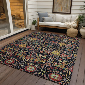 3' X 5' Black Red And Gold Floral Washable Indoor Outdoor Area Rug