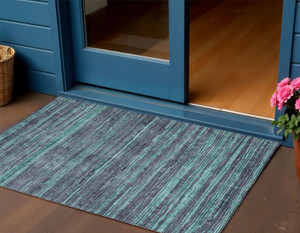 3' X 5' Teal Blue And Gray Striped Washable Indoor Outdoor Area Rug - Teal Blue, Gray