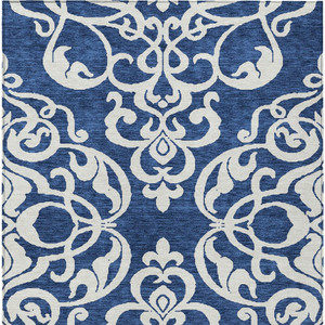 5' X 8' Navy Blue And Ivory Damask Washable Indoor Outdoor Area Rug - Navy Blue, Ivory